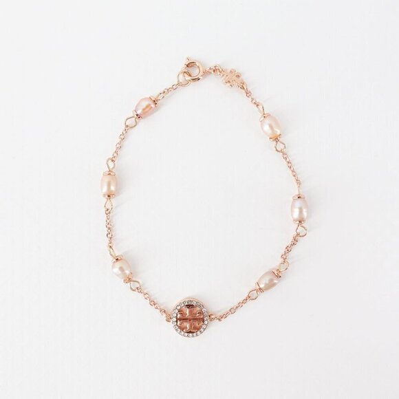 Tory Burch Miller Pave Logo Cultured Pearls Bracelet Rose Gold OS - Picture 1 of 12